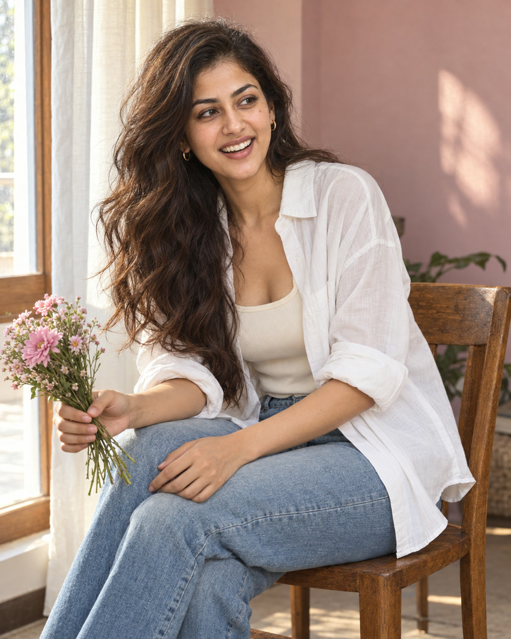 Sanya laughing with fresh pink flowers in a sunlit room
