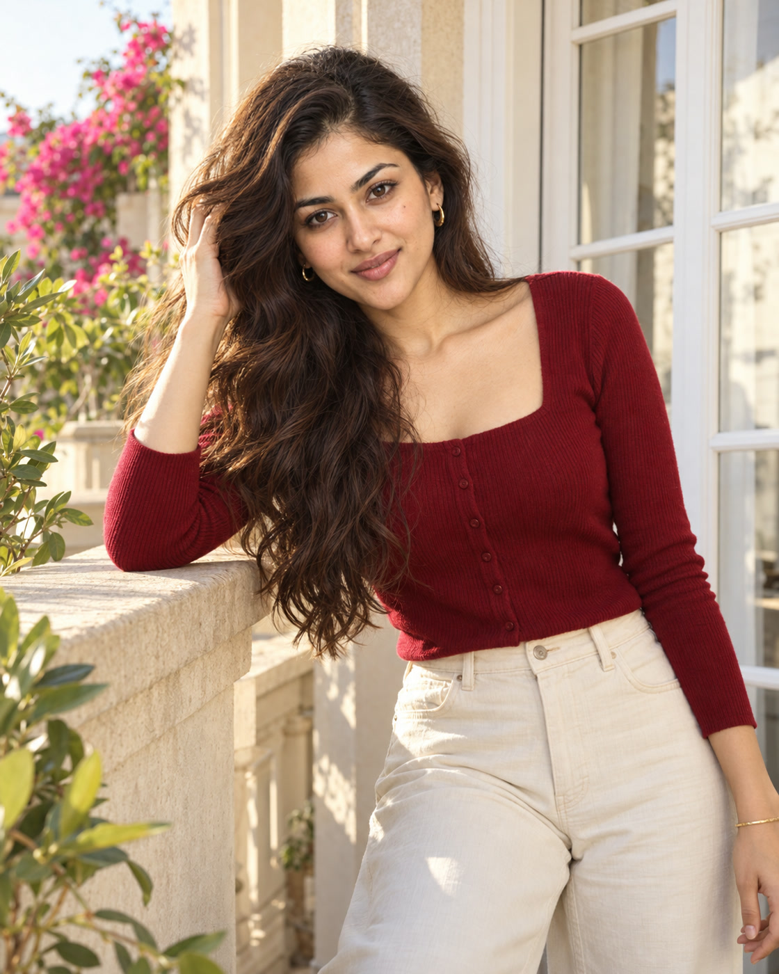 Sanya laughing in a cherry-red cardigan on a sunlit balcony