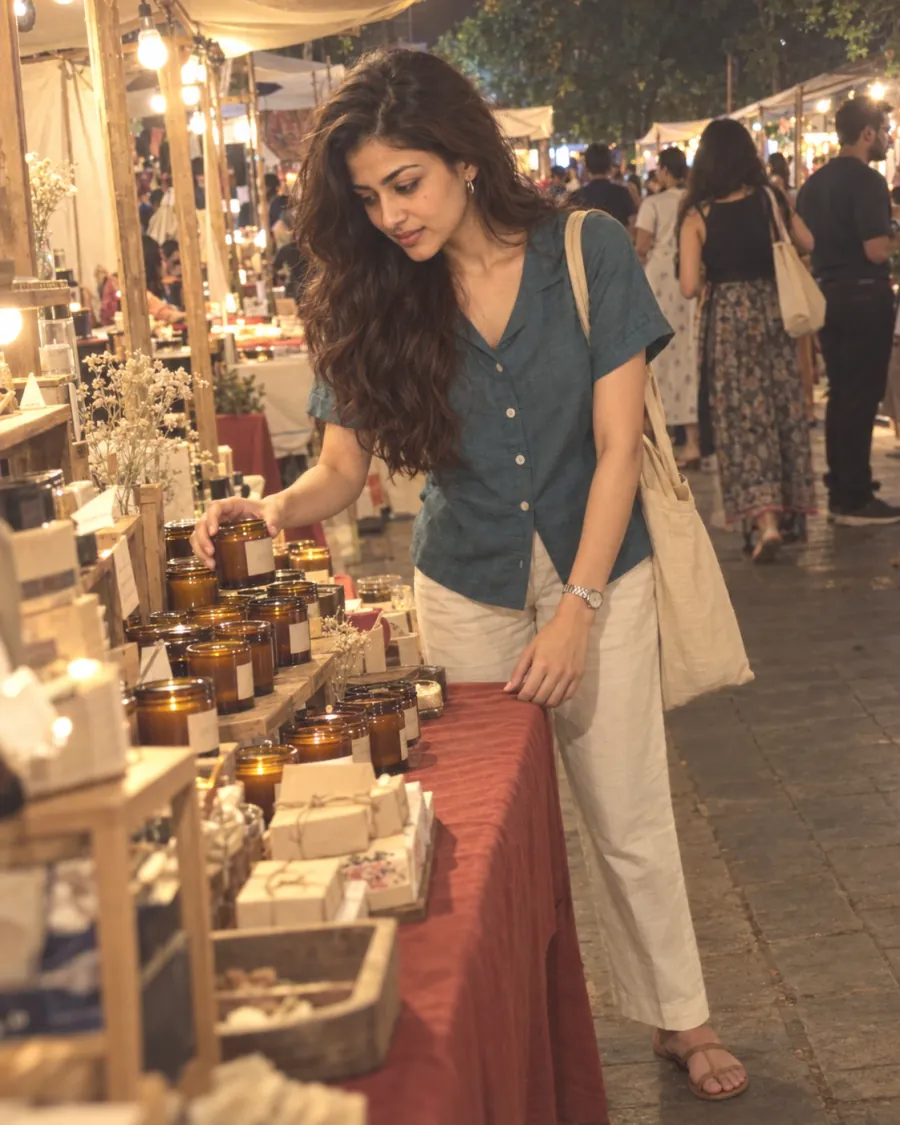 Sanya browsing a candle stall at a night market