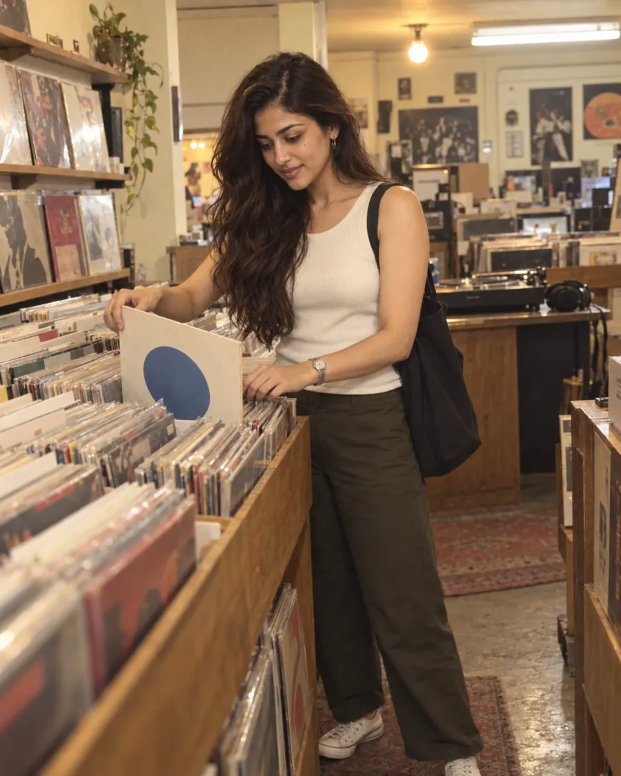 Sanya browsing vinyl records in a record shop