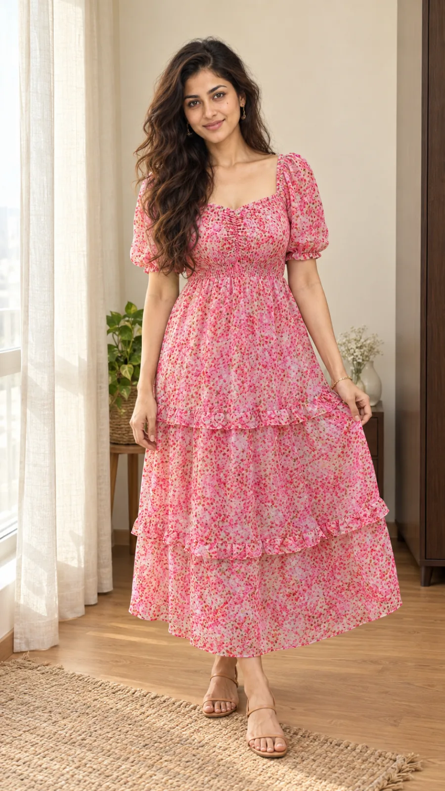 Sanya in a pink floral puff-sleeve tiered dress