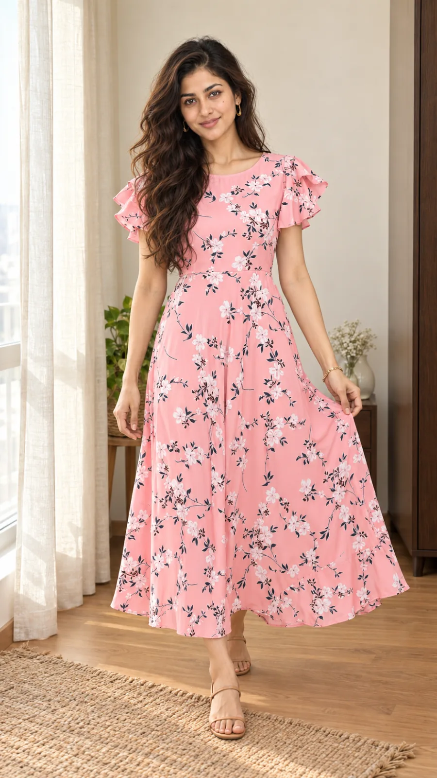 Sanya in a rose-pink floral A-line dress with flutter sleeves